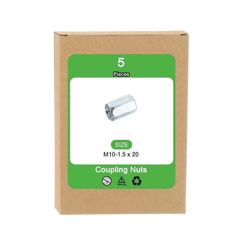 uxcell M10x1.5mm Coupling Nuts, 5 Pcs Carbon Steel Galvanized Hex Rod Coupling Nuts Threaded Rod Connectors 20mm, for Industrial Construction Fasteners, White M10x1.5mmx20mm