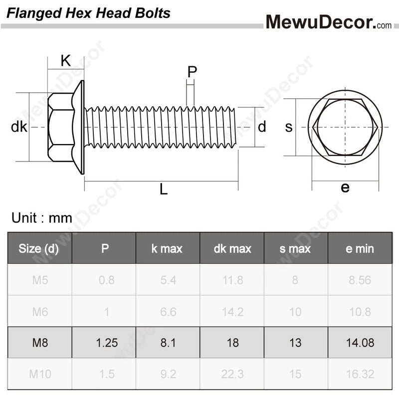 M8-1.25 x 30mm Flanged Hex Head Bolts Flange Hexagon Screws, Stainless Steel 18-8 (304), Plain Finish, DIN 6921, 15 PCS M8 x 30mm