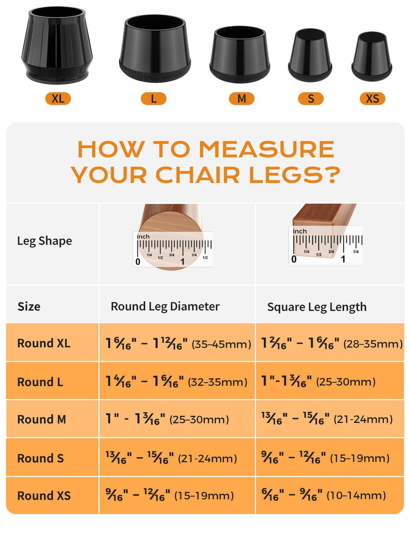 24 PCS Silicone & Felt Chair Leg Floor Protectors - Scratch Proof & Noise Reducing Furniture Caps for Hardwood Floors - Round XS Fits 9/16" to 12/16" (15–19mm), Black Round XS (Fit 15–19mm)