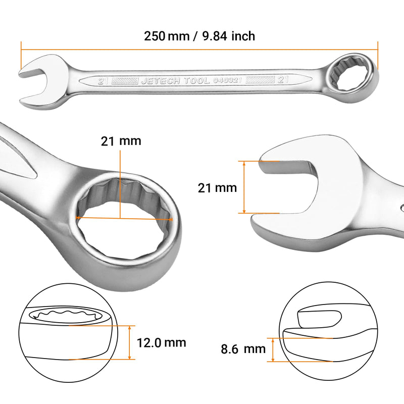 Jetech 21mm Industrial Grade Combination Wrench, Chrome Vanadium Steel, 12-Point Design, 15-Degree Offset, Sand Blasted Finish, Forged, Heat-Treated, Metric Metric 21mm