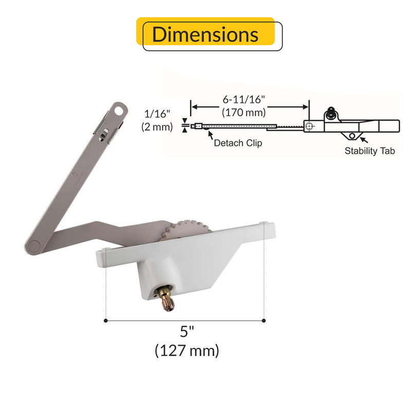 Brixwell Dyad Casement Window Operator Left Hand, White Finish, Metal Truth Style Dual Arm Mechanism, 5" Base, 6-11/16" Arm Length, Fit Awning Window Operator, Truth Window Crank, and Casement Systems