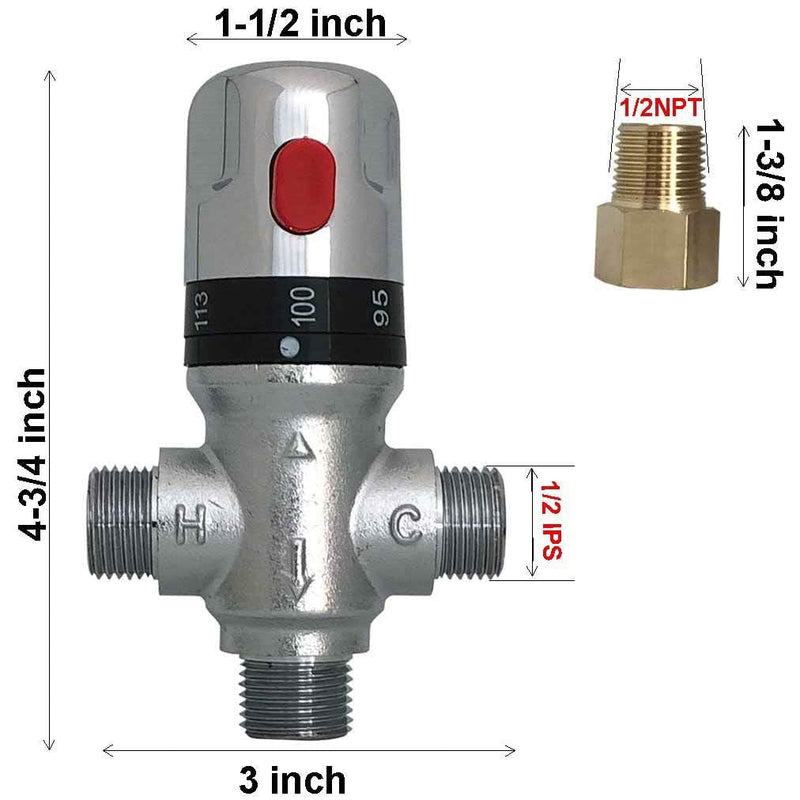 Three-way Thermostatic Mixing Valve,1/2NPT Connections,Solid Brass