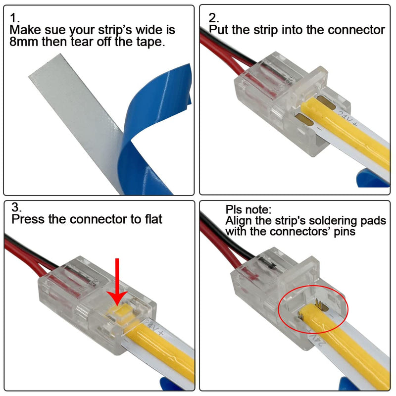 HAMRVL 12 Pack 8mm Cob Led Strip Light Connectors 2 Pin, Led Strip to Wire Solderless Transparent Track Lighting Adapter Connection with 6M/19.68ft Led Wire Extension Cable for White Led Tape 12/24V 2 Pin, 8mm