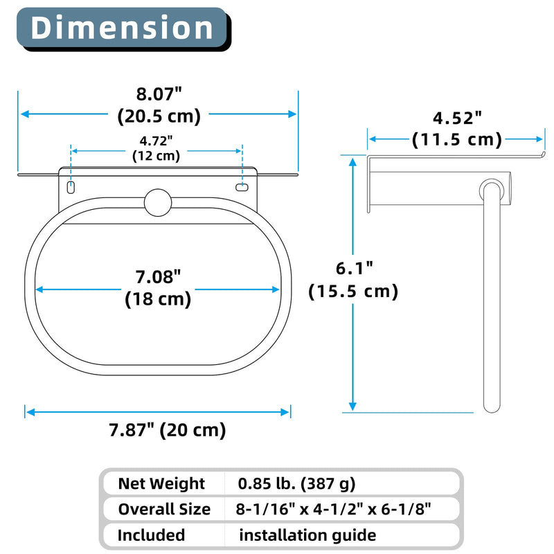 Angle Simple Hand Towel Ring Holder with Shelf for Bathroom Brushed Nickel | SUS304 Stainless Steel, Kitchen Towel Rack,Wall-Mounted