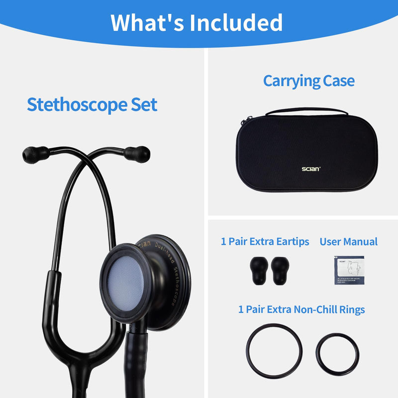 SCIAN Dual Head Stethoscope with Ear Tips, Professional Stethoscopes for Doctors, Nurses, Medical Nursing Students, Clinical Student Use, Classic Stainless Steel Stethoscope Kit, Black Tube