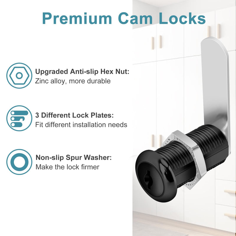 Cabinet Cam Lock Keyed Alike Black 1-1/2 Inch Cam Locks with Keys Secure Files Drawers RV Storage Locks Replacement Set, Black Finish (Black 1-1/2 Inch 2Pcs) Black 1-1/2 Inch 2Pcs