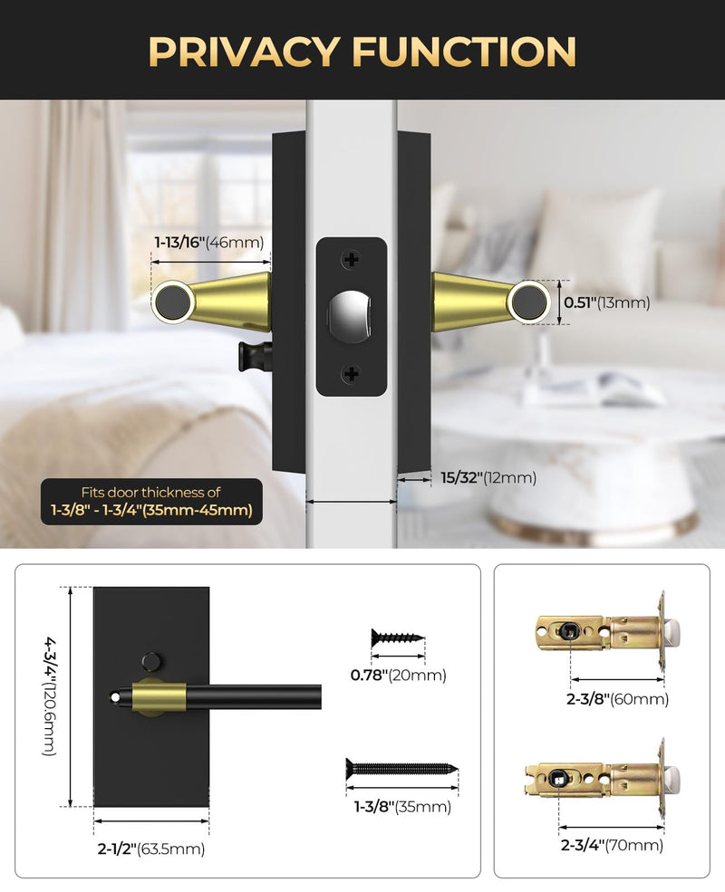 Black and Gold Door Handles Interior with Lock, Zinc Alloy Rectangular Modern Privacy Lever Door Knobs Interior for Bathroom Bedroom, Left or Right-Handed,1 Pack 1