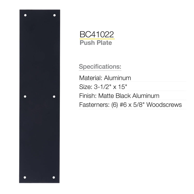 BRINKS Commercial - Commercial 15" Push Door Plate, Matte Black Finish - Rust and Corrosion Resistant Door Plate 15 Inch