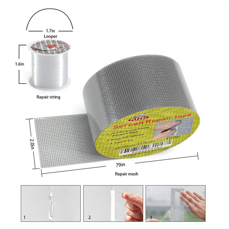 FLYZZZ Window Screen Repair Kit Tape, 79.4 in Waterproof Screen Repair Tape, 3-Layer Strong Adhesive Window Screen Doors Repair Patch Tape Suitable for Covering Holes&Tears Instantly 2x79.4 Inches Light gray