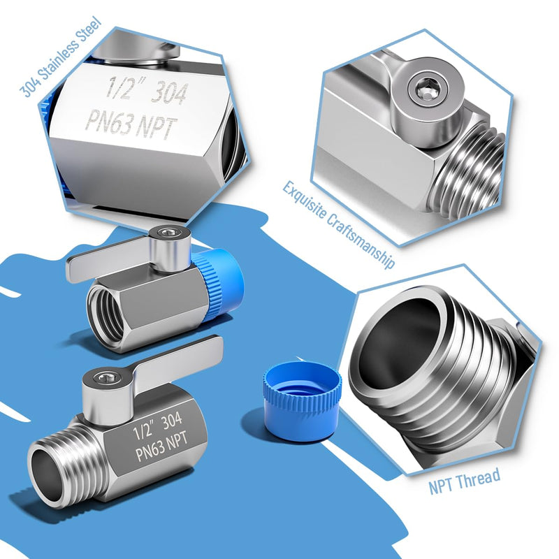 304 Stainless Steel Showerhead Shut Off Valve with Handle, Mini Ball Valve 1/2" Female X Male NPT, Water Flow Control Valve Regulator Chrome, ShowerHead Flow Control Valve 1Pcs