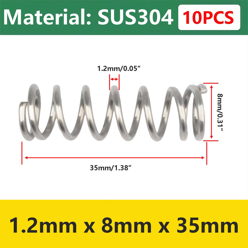 10Pcs Stainless Steel Springs, Compression Springs, Wire Diameter 1.2mm, 8mm OD, 35mm Free Length, Springs for Shop and Home Repair OD 8mm*35mm