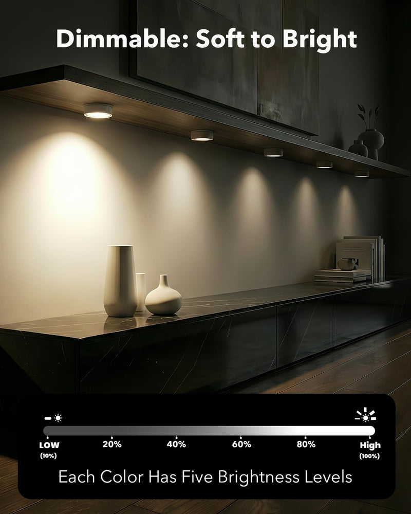 Rechargeable Puck Lights with Remote Control, 2400mAh Battery Powered LED Tap Light Push Lights Stick On for Closet USB Display Shelf Light Magnetic Under Cabinet Press Button Lighting for Classroom 3000K/4500K/6000K 6 Pcs