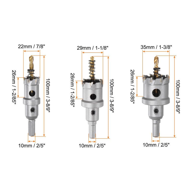 HARFINGTON 3pcs Carbide Hole Saw Kit 7/8" 1-1/8" 1-3/8" TCT (Tungsten Carbide Tipped) Hole Saw Cutter Set with 2pcs Extra Titanium Plated Drill Bits for Stainless Steel Hard Metal Plastic