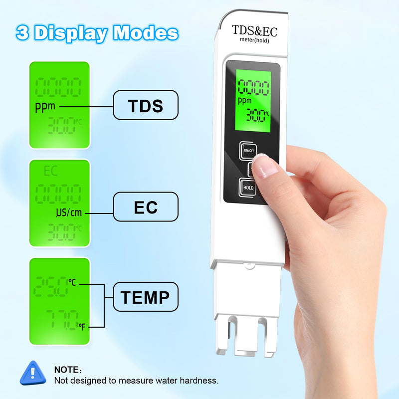 4 in 1 TDS Meter - TDS EC & Temperature(°C,°F) Meter,Accurate & Reliable Digital Water Testing Kits for Drinking Water, Tap, Well, Swimming Pool,Hydroponics, Aquarium, RO/DI System (Black & White) black & white