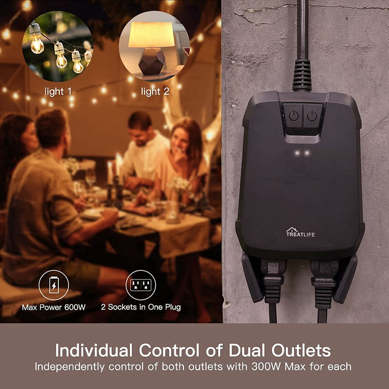TREATLIFE 2 in 1 Outdoor Smart Dimmer Plug, 2 Individual Control Sockets, 600W, Compatible with Alexa, Google Home, IP64 for Outdoor String Lights, Dusk to Dawn, 2.4GHz WiFi Only 2-Socket 1Pack