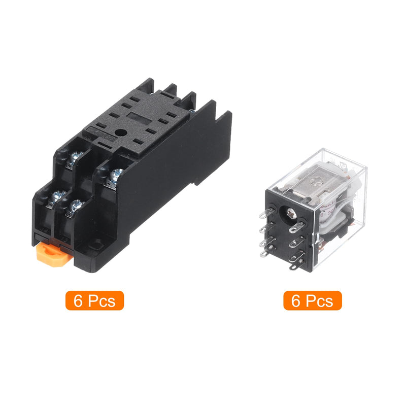 MECCANIXITY 6 Set DC24V Electromagnetic Power Relay 8-Pin AC/DC DPDT 2NO+2NC Relay Coil with Socket Base for Industrial, Home Appliances and DIN Rail System with LED Indicator
