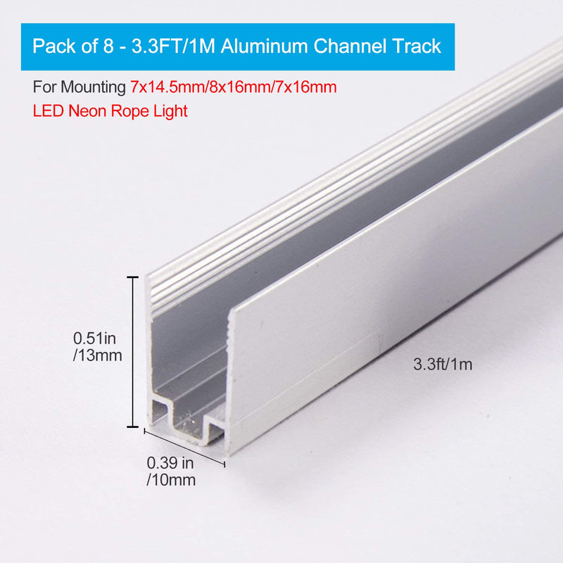 Shine Decor 3.3FT/1M Aluminum Track Channel Mounting Bracket, for 8x16mm and 7x14.5mm LED Mini Neon Rope Lights, Pack of 8 Aluminum Track for 8x16/7x14.5mm Neon
