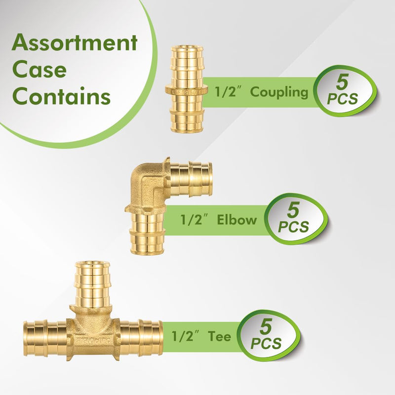 15 Pack 1/2" Pex-A Expansion Fittings Set, 5 Each Elbow Tee Coupling Heavy Duty Brass PEX-A Fittings for For Pipe-A pipe connection, NSF/ANSI 61 NSF 372 Certificate, ASTM F1960 Certified 1/2" Pex-A Coupling,Elbow,Tee (Each 5 Piece)