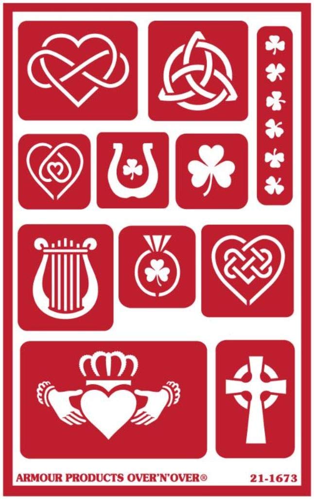 2 Armour Etch Over N Over Reusable Glass Etching Stencils Set | Irish Theme with Shamrock, Clover, Celtic Knot, Harp Designs