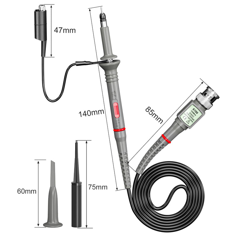 Goupchn Universal Oscilloscope Probes with Accessories Kit 100MHz 1X 10X 2 Pack with BNC to BNC, Test Hook, Alligator Clip, Banana Plug Test Leads, Wire Piercing Probe X1/X10 100Mhz 2PCS with 4PCS BNC Test Leads