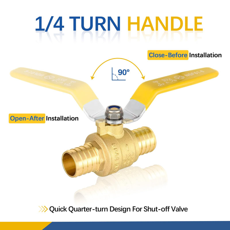 5PACK GUOFIS 1"PEX Crimp Full Port Ball Valve,Yellow Handle(VALVE020-5) 5 Yellow Handle