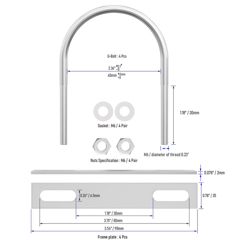 4 Sets 304 Stainless Steel Round Bend U-Bolts 2.36"(60mm) Inner Width 3.15"(80mm) Length M6 with Nuts, Frame Plate, Washers, Accessories for Boat Trailer Axle Sailboat Trailer 60×80mm(W*L)