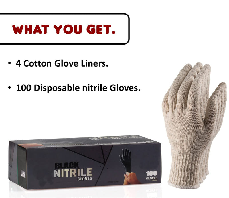 BBQ Gloves 4 Cotton Glove Liners and 100 Disposable Gloves Washable Cotton Liners Powder Latex Free Nitrile Gloves Large