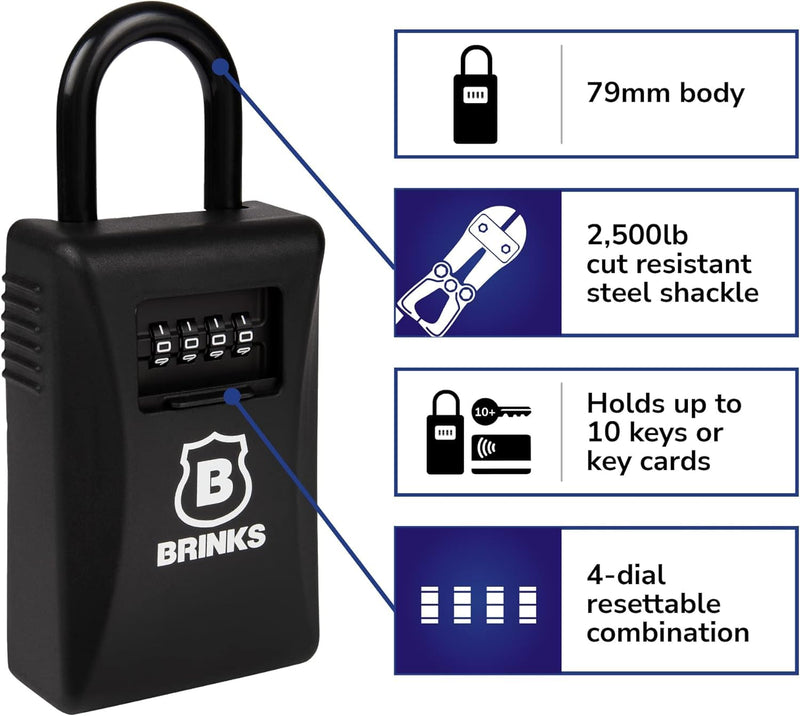 BRINKS - 79mm Outdoor Lock Box - for Indoor and Outdoor Use, Weather Resistant - 4-Dial Resettable Combination - Increased Security with Hardened Steel Shackle, Black (New Model, 2PK) New Model