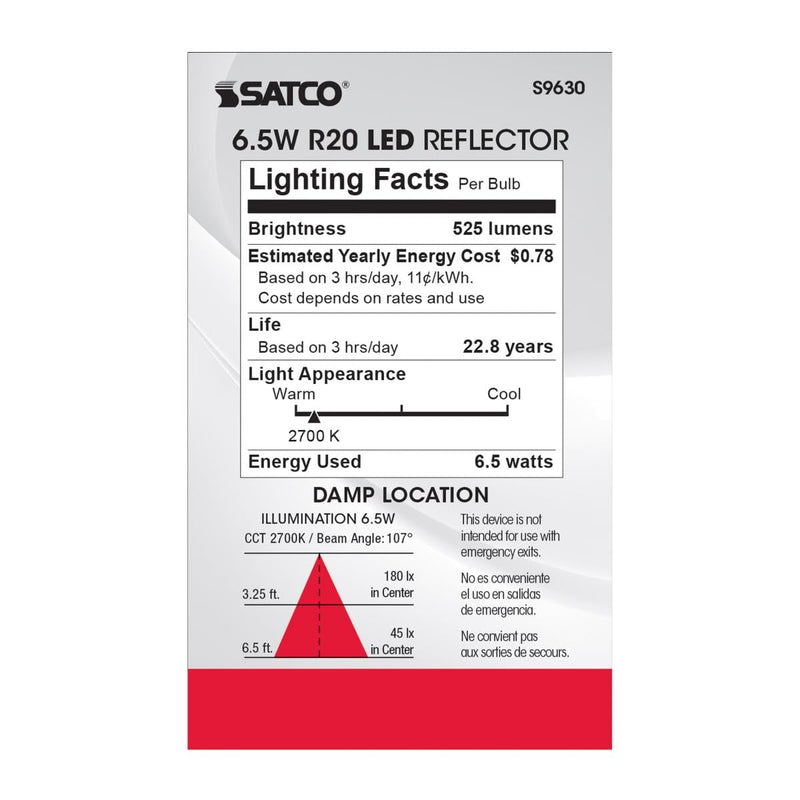 Satco 6.5 Watt LED Reflector Light Bulb; R20; 2700K Warm White; 525 Lumen; 120 Volts; Dimmable (6 LED Light Bulbs)