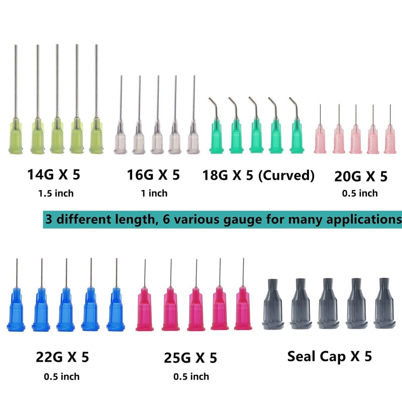 30 Pack 1ml, 3ml, 5ml, 10ml, 20ml Glue Dispenser with14ga,16ga, 18ga, 20ga, 22ga, 25ga Glue Dispenser head and Caps for Measuring and Refilling, Glue Applicator or Oil