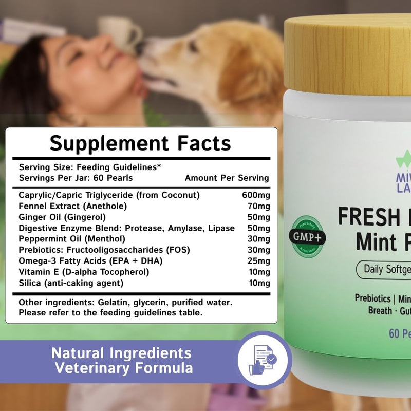 Dog & Cat Breath Mints Freshener Remedy for Oral Bad Odour Supports Hygiene & Gut Health with Natural Mint & Ginger Oil 60 Soft Capsules for Pet Care Prebiotics & Digestive Enzymes