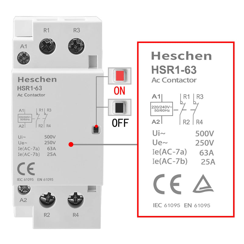 Heschen Household AC Contactor HSR1-63 2 Pole Two Normally Closed 220V/230V Coil Voltage 35mm DIN Rail Mount