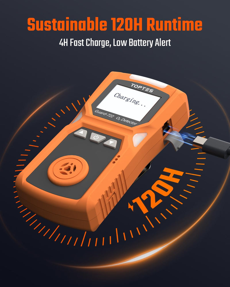 Guard-722 Oxygen Detector, Portable O2 Monitor, 0-30%, Rechargeable 120H Battery Duration, Sound, Light and Vibration Alarms, Dust and Explosion Proof, Handheld O2 Meter for Work, Home - Orange