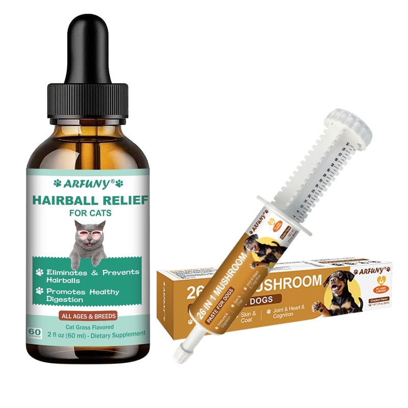 Cat Hairball Drops & Dog Mushroom Paste - for Cat Kitten Furball Treatment Supports Skin & Coat, Digestion - for Dog Gut, Skin, Joint, Immune Health-Dog Lumps & Bumps Treatmen