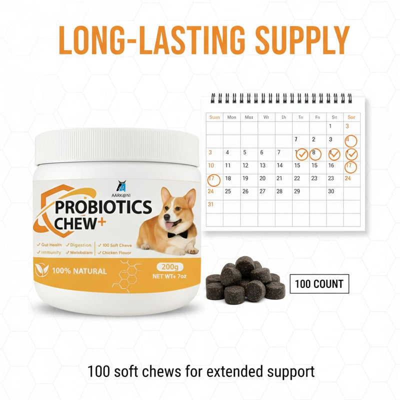 Aarkani Probiotics Chew+ – Natural Digestive & Immune Support for Dogs | 100 Soft Chicken-Flavored Chews