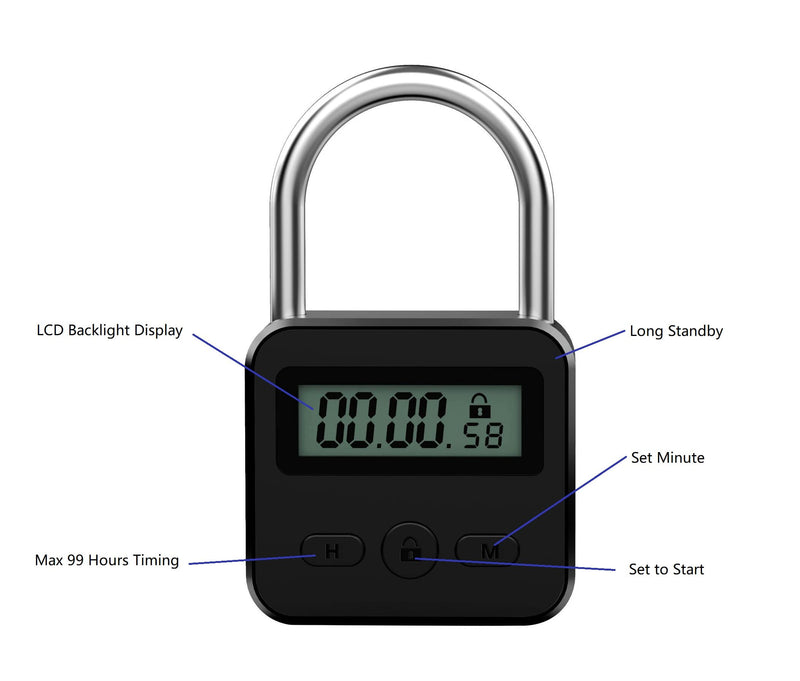 Metal Timer Lock - Electronic Time Padlock 99 Hours Max Timing with Electronic LCD Timed Display - USB Rechargeable (Black) Black