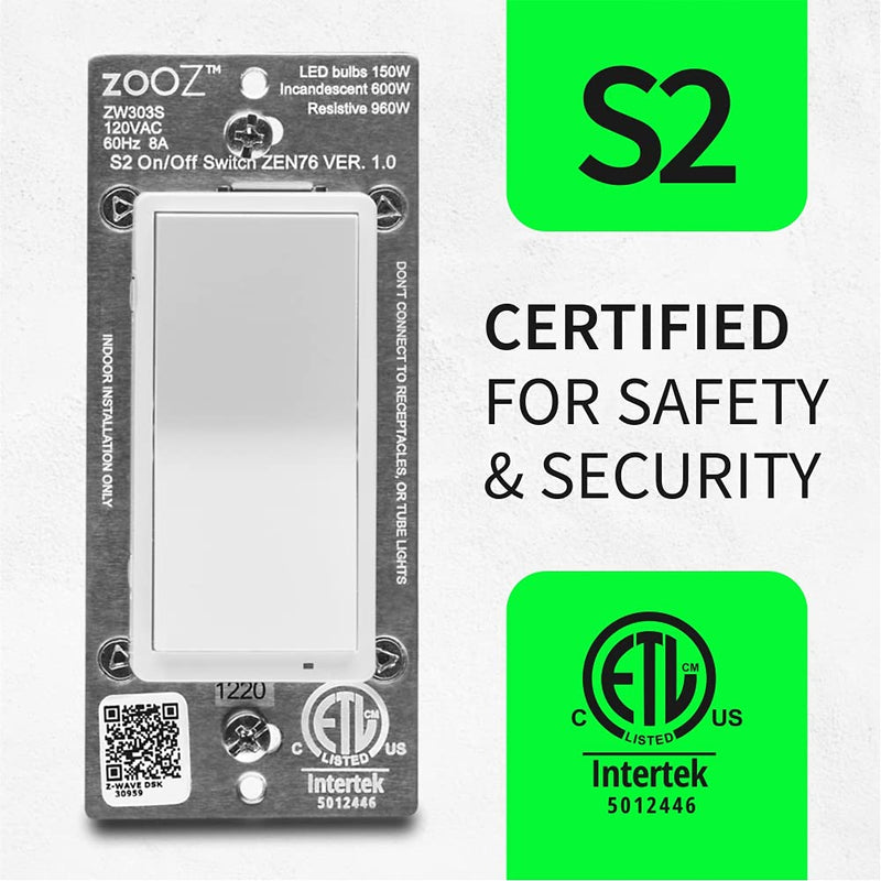 Zooz 800 Series Z-Wave Long Range S2 On Off Switch ZEN76 800LR, White | Simple Direct 3-Way and 4-Way Solution (Works with Regular Switches, No Aux Switch Needed) | Z-Wave Hub Required 800LR S2 On Off Switch ZEN76