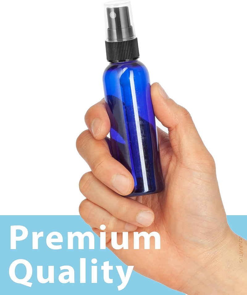 JUVITUS (24 Pack) 2 oz Plastic Cobalt Blue Boston Round Bottles with Black Fine Mist Spray + Labels