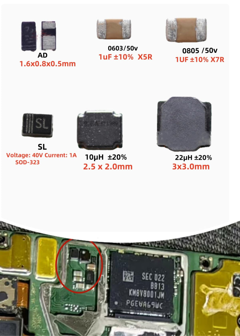 Hailue150Pcs Mobile Phone Capacitor 50V SMD Diode,Inductor Kit﻿,Diode Kit,Capacitor Kit,0603.0805 50V 1uF,SL,AD Diode,10uh 22uh Power.Suitable for Nintendo Switch Motherboard Backlight Control Chip