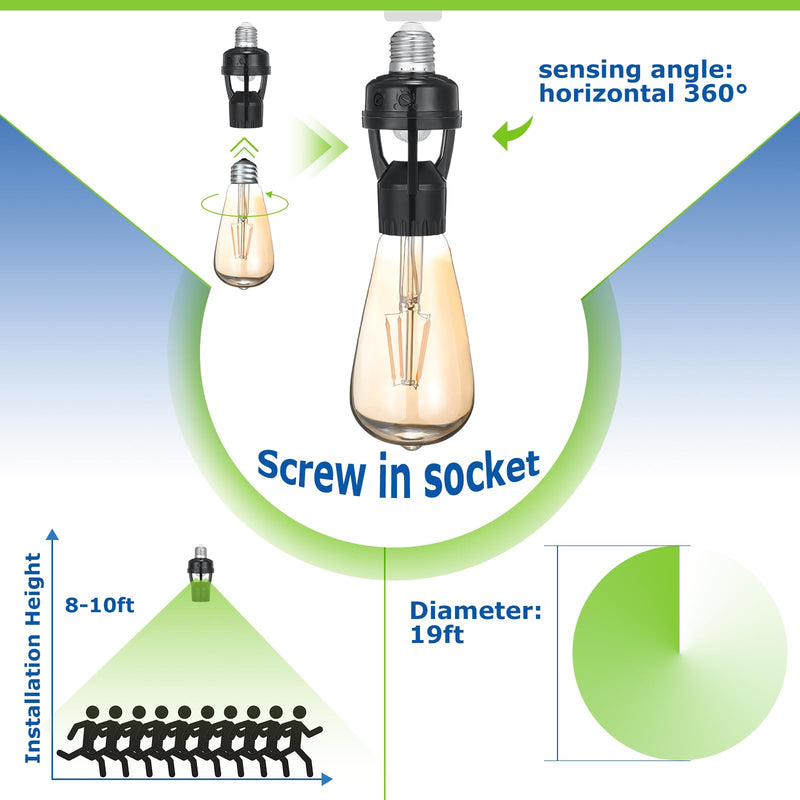 Hortsun 3 Pcs Motion Sensor Light Socket Smart Screw in Light Bulb Outlet Compatible with E26/e27 Automatic on Off Night Light Control for Basement Basement Porch Storage Room, Black