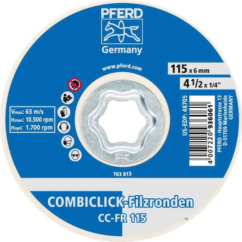 PFERD COMBICLICK Felt Disc, 5 pc. | 4-1/2 inch dia. | 48705 - for pre-polishing and high-gloss polishing with an angle grinder, works with polishing paste bars
