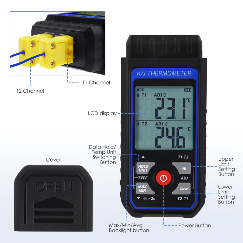 Dual-Channel Digital K J Type Thermocouple Thermometer Pipe Clamp Thermometer, -328°F~2501°F Measuring Range HVAC Temperature Meter with 2 Type K Pipe Clamps & 2 Thermocouples, Alarm, ADJ Compensation
