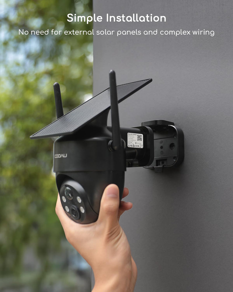 COOAU Solar Security Cameras Wireless Outdoor – Low-Light Rechargeable, Easy to Install, 2K 360° Camera for Home Security, Surveillance Cam with AI Smart Detection, Color Night Vision, IP66, Alexa Black - 1 Pack