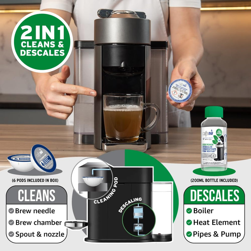 Caffenu Descaling Kit Compatible with Nespresso Vertuo, 2 Uses Descaling Solution and 6 Cleaner Pods. Removes Limescale & Cleans Pod Area. Better Tasting & Hotter Coffee. 4 Months Supply.