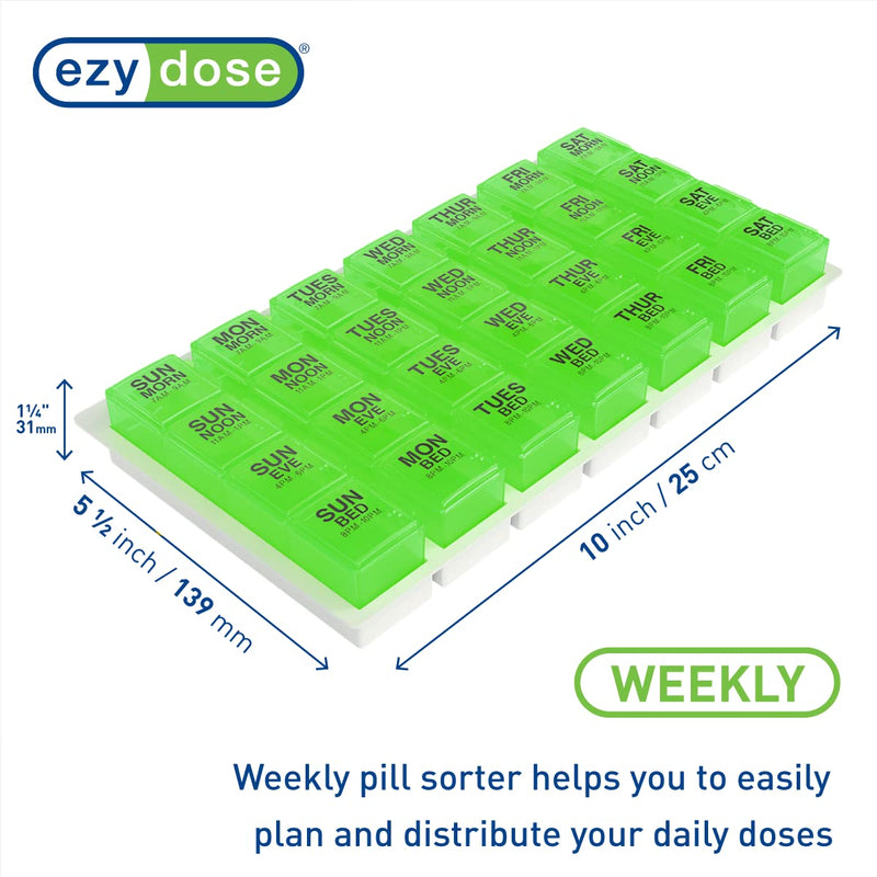 Ezy Dose Weekly (7-Day) Pill Organizer, Vitamin and Medicine Box, Large Pop-Out Compartments, 4 Times a Day, Green