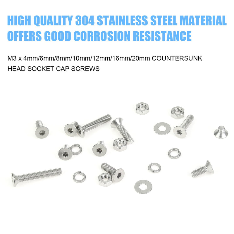 DYWISHKEY 566 Pieces M3x 4/6 /8/10 /12/16 /20mm Countersunk Head Socket Cap Screws Nuts Washers Assortment Kit, M3 Flat Head Screws Kit, 304 Stainless Steel