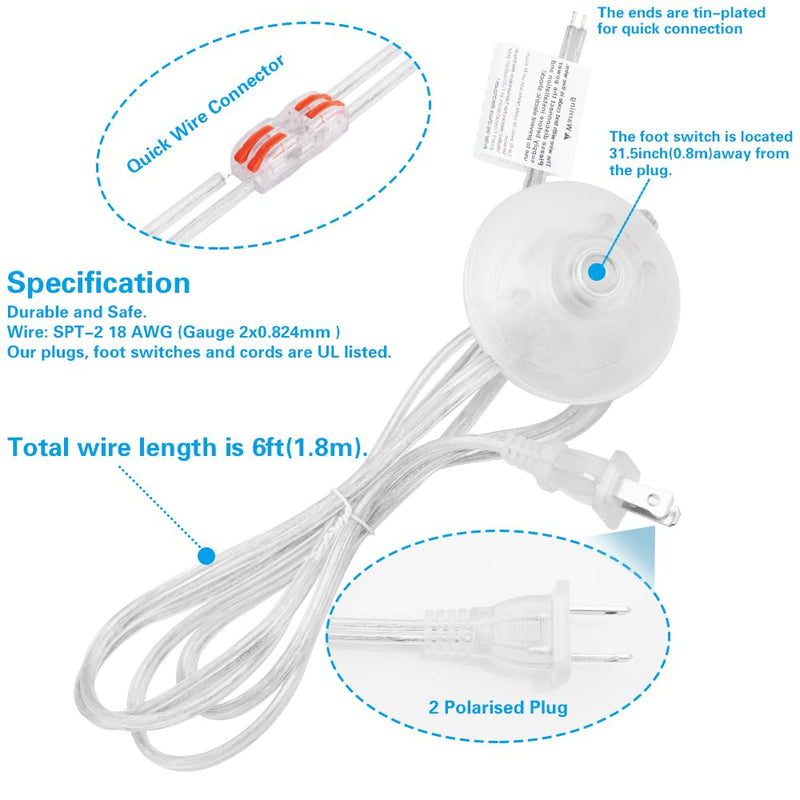 6ft Foot Switch Lamp Cord Replacement, Clear Floor Light Switches with Plug, Foot Tapper Pedal Lamp Wire Switch, AC 125V Step ON Off Push Button, Repair DIY Replace Footswitch Fixtures