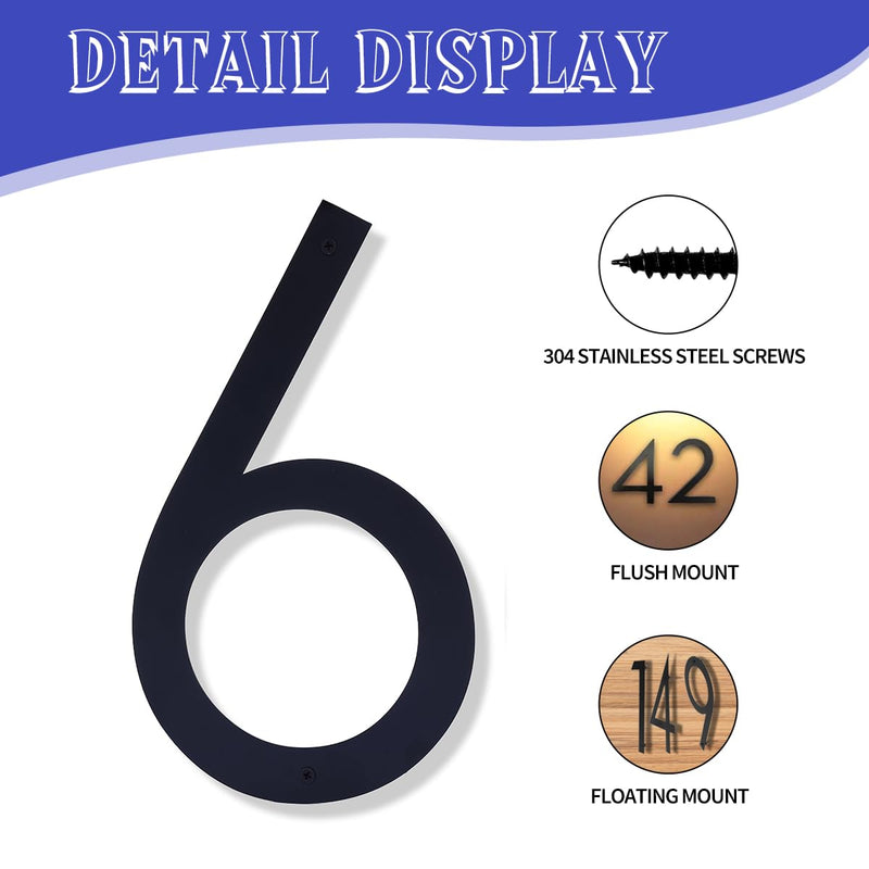 16 Inch Modern House Numbers for Outside,Large Black Metal House Numbers,House Address Numbers for House Address Apartments Wall Door Hotel Garage Gate with Nail Kit Number 6 SIX