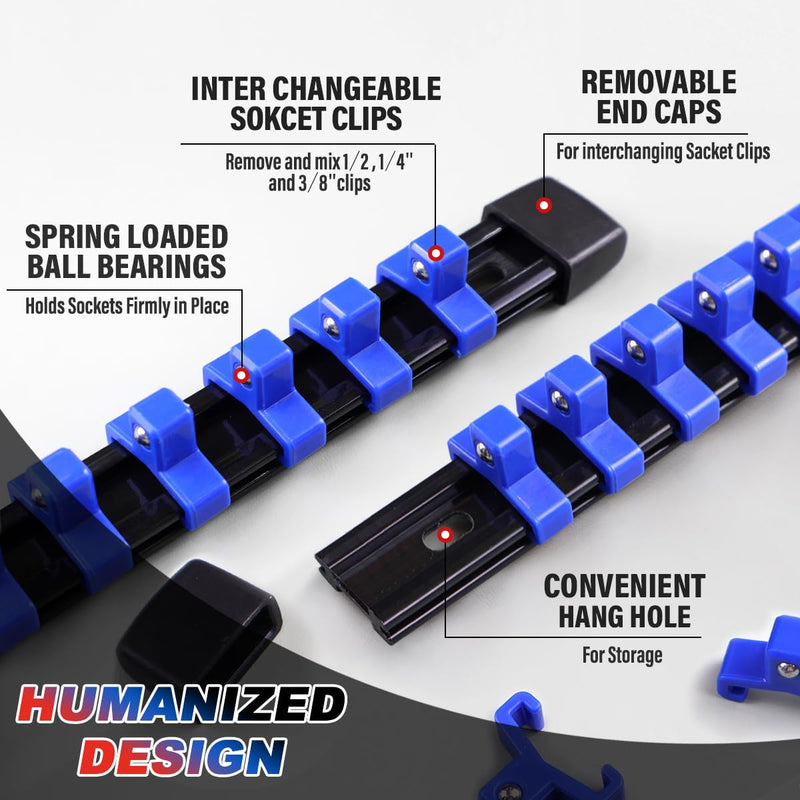 3-Piece Socket Organizer Rail Set, Premium Socket Holder, Heavy-Duty Socket Rack Kit With 43 Clips 1/4-Inch x 16 Clips, 3/8-Inch x 15 Clips, 1/2-Inch x 12 Clips – Ideal for Tool Storage 3 Pcs