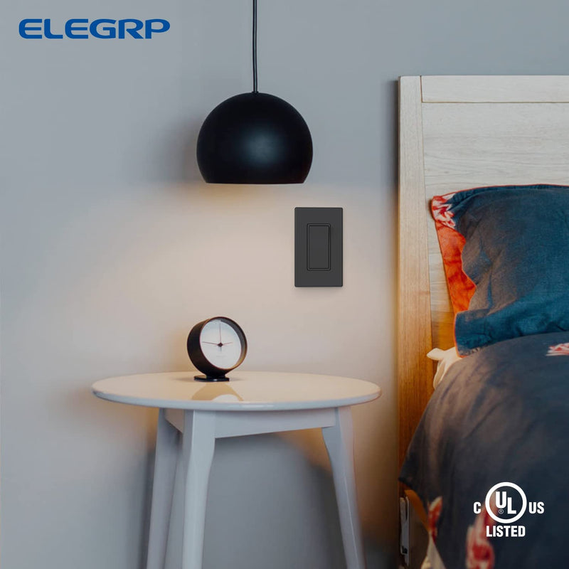 ELEGRP Matte Black Single Pole Decorator Light Switch, 15Amp, 120/277V, Decorative Paddle Rocker Switch Replacement, On/Off Wall Switch, Self-Grounding, Residential/Commercial Grade, UL/CUL (5 Pack) Without Wall Plate 5